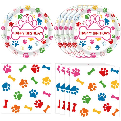 40PCS Dog Paw Prints Birthday Party tableware Supplies 20 Plates and 20 Napkins Colored Dog Paw P...