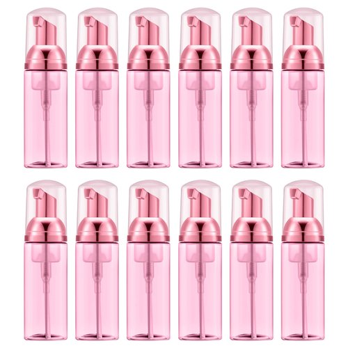 Lil Ray 2 Oz Empty Clear Rose Red Foam Pump Bottle, Travel Foamer Soap Dispenser for Lash Shampoo, Hand Soap, Foaming Cleaner(Rose Red Pump, 12 PCS)