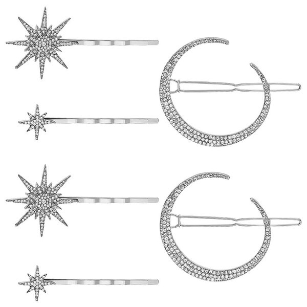 2pcs Vintage Star Moon Hair Pin Metal Alloy Rhinestone Bobby Pins Hair Accessories for Woman (Silver)