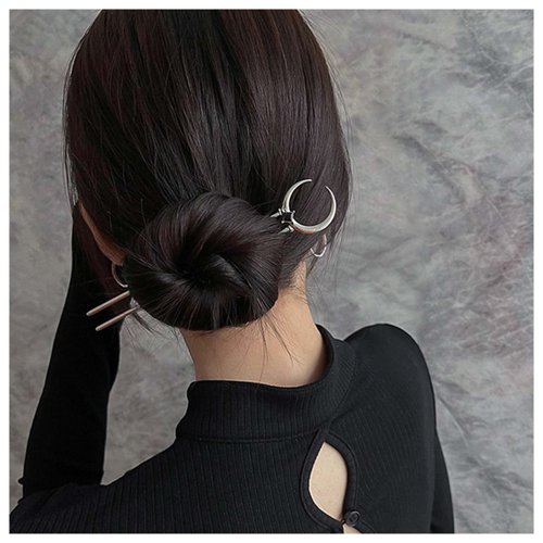 Iaceble Vintage Moon Hair Stick Pin Metal U Shape Hairpin Silver Crescent Hair Fork Barrette Minimalist Hair Pin Decorative Hair Accessories for Women and Girls Headdress