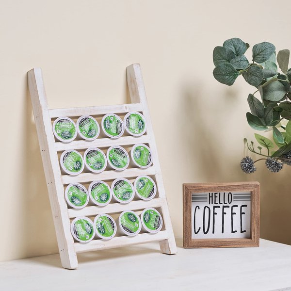 GENMOUS Farmhouse K Cups Ladder Coffee Pod Holder For Countertop, Rustic Wood Coffee Pod Holder K cup Organizer For Home Kitchen Storage, Coffee Station Organizer For Coffee Bar Accessories White
