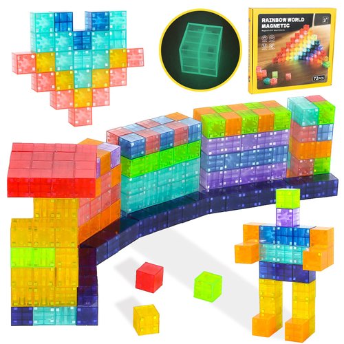 VJOALIN 72 PCS Magnetic Blocks for Toddler Toy 3-8, Night Light Magnetic Building Blocks for Kids, 9 Colors Magnet Blocks for Christmas Birthday Present