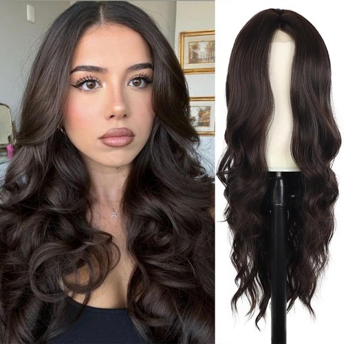Dark Brown Wavy Wig for Women 26 Inch Long Brown Curly Wavy Wig Natural Looking Middle Part Synthetic Heat Resistant Wigs for Daily Party Use