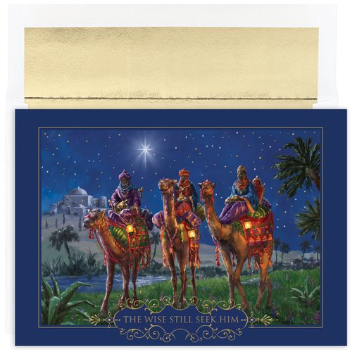 Masterpiece Studios Holiday Classic Collection 16-Count Boxed Religious Christmas Cards with Foil-Lined Envelopes, 7.8" x 5.6", Wisemen at Night (857800)