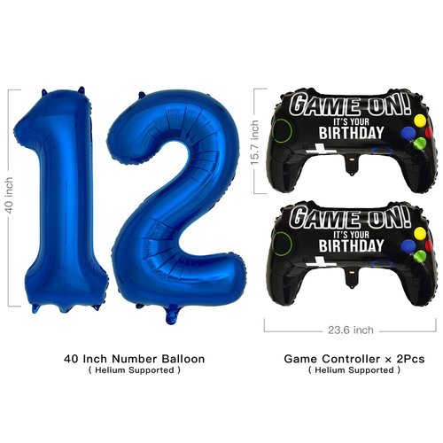 Navy Blue Video Game Party Supplies Boys 12th Birthday Party Decorations- 2 Packs Game On Balloons with Dark Blue Number 12 Balloon
