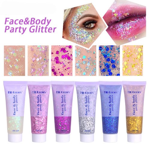 Yeweian Gold Body Glitter, Mardi Gras Face Glitter Gel, Mermaid Sequins Lip Eye Nails Hair Body Glitter Makeup, Liquid Holographic Chunky Glitter Singer Concerts Music Festival Rave Accessories,50g