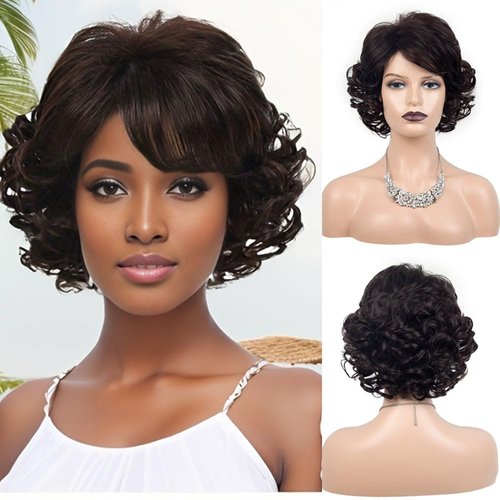 XIUFAXIRUSI XIUFAXIRUSI Short Dark Brown Curly Wigs for Women Wavy Full Hair Wig Natural Looking Synthetic Wig