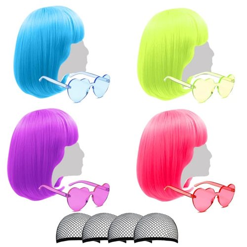 Short Bob Colored Wigs with Bangs,4 Pack Colorful Wigs Fruit Beach Set Cosplay Wig with Heart Sunglasses, Hairpieces for Neon Halloween Costume Wig Bachelorette Party Decorations (Mixed Colors Bob)