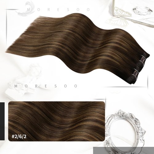 Moresoo Clip in Hair Extensions for Women Darkest Brown Mixed with Chestnut Brown Balayage Human Hair Clip Ins 18Inch Hair Extensions for Women Clip in Brown 7pcs 120G