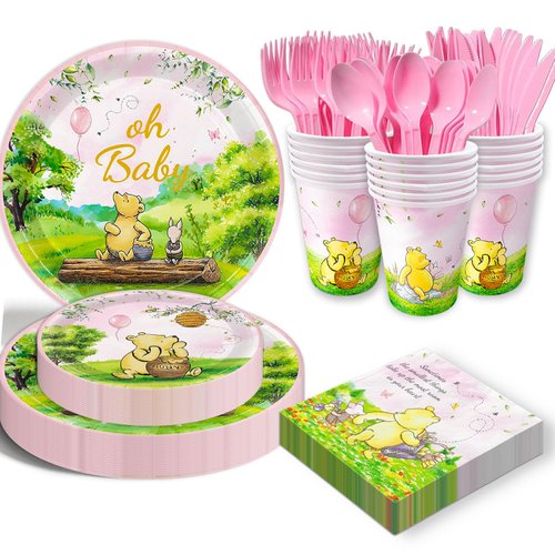 175pcs Vintage Winnie Bear Baby Shower Pooh Decorations Pink Birthday Party Supplies Tableware Set (25 Guest)With Paper Plates Cups Napkins Cutlery for Girls Newborn Birthday Party Decoration