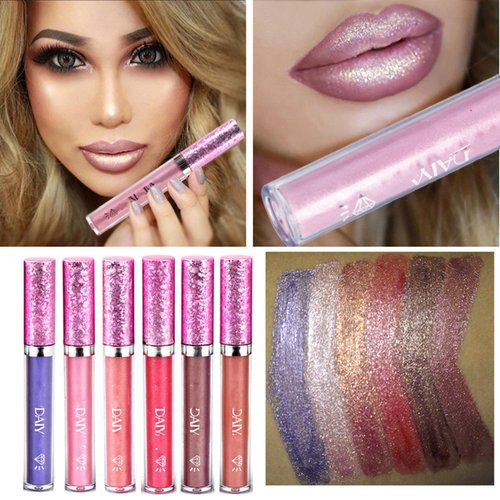 MAEPEOR Metallic Liquid Lipstick 6 Color Metal Diamond Pearl Lipstick Long Wear and Non-stick Cup Mermaid Lip Gloss (Colors 06)