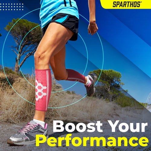 Sparthos Calf Compression Sleeves (Pair) – Leg Compression Socks for Men and Women – Shin Splint Calf Pain Relief Medical Leg Pain and Cramps Recovery Varicose (Pink-XL)