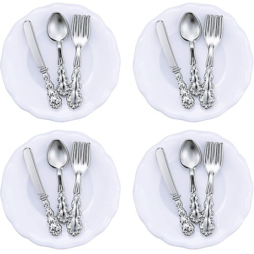 Skylety 4 Pieces 1:12 Scale Miniature Dollhouse Plates and 12 Pieces Spoons Knives Forks Metal Tableware Kitchen Accessories Miniatures Porcelain Plate Set Dollhouse Decoration