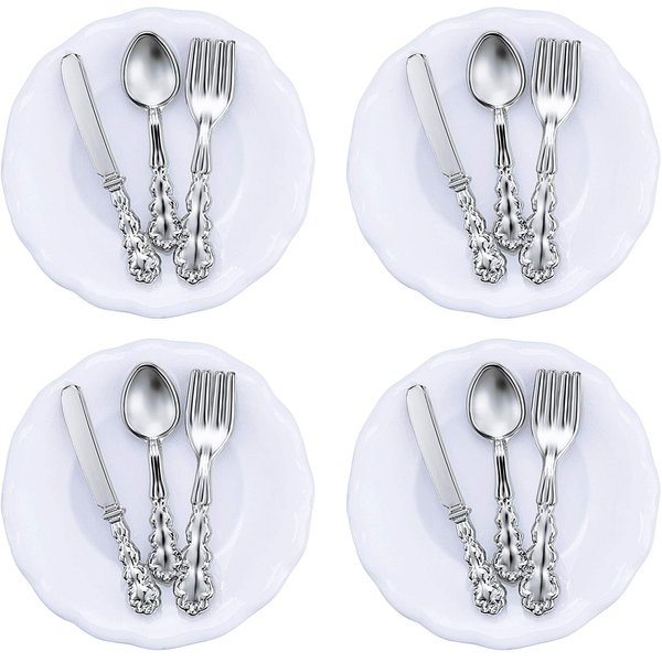 Skylety 4 Pieces 1:12 Scale Miniature Dollhouse Plates and 12 Pieces Spoons Knives Forks Metal Tableware Kitchen Accessories Miniatures Porcelain Plate Set Dollhouse Decoration