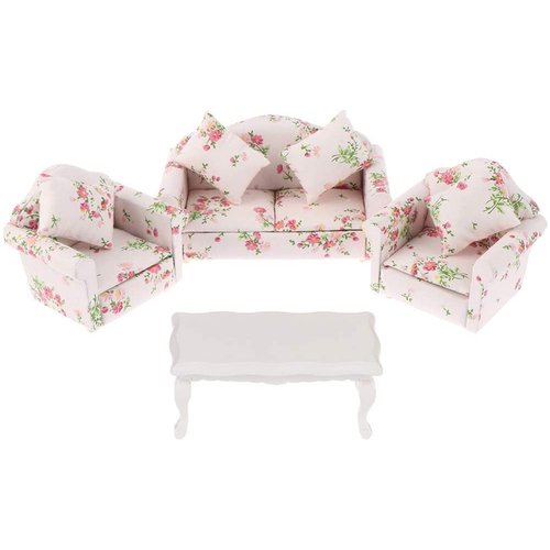 Dollhouse Furniture Set 3 Pcs 1:12 Dollhouse Miniature Wooden Sofa Cushions Armchair Pillow Kit Dolls House Furniture Couch with 1 Pc Dollhouse Teatable Coffee Table (A)