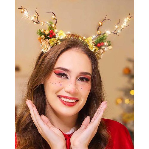 Campsis Led Christmas Headbands Reindeer Antlers Headbands Light Up Deer Hair Hoop Flower Berries...