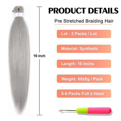 ADIASAI Braiding Hair Pre Stretched 16 Inch 3 Packs, Grey Pre stretched Braiding Hair for Professional Braiding Hair Extensions, Hot Water Setting Yaki Texture Synthetic Hair