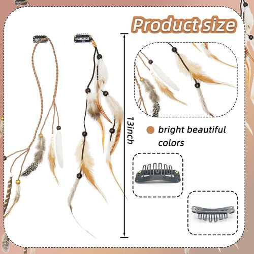 Natural Handmade Colorful Boho Hair Clips, 13 Inch Vintage Feather Extensions for Decor, Party Theme, and DIY Accessories
