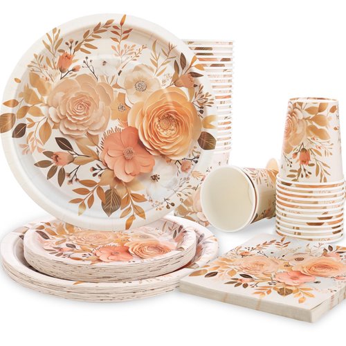 Cheery Land Boho Floral Paper Plates-Flower Birthday Party Decorations for Women, 100pcs Flower Paper Plates for Boho Baby Shower Thanksgiving Party Decor