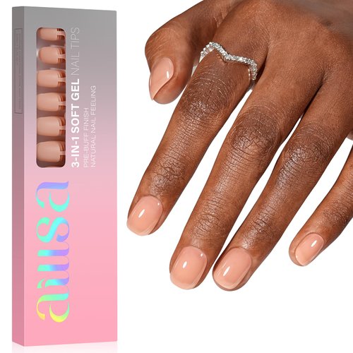 AILLSA Jelly Press On Nails Short Squoval, 180 pcs Soft Gel False Nail Tips Natural Fit 3 in 1 Pre-Colored French Nails Nude Pink Colors Fake Nail Kit Easy for Home DIY Manicure 15Sizes
