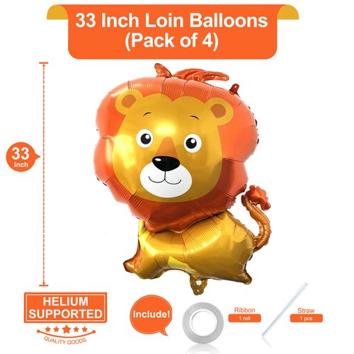 Giant Lion Balloons 33 Inch Lion Shaped Balloons Woodland Lion Balloons for Jungle Safari Themed Backdrop Kids Birthday Party Decorations(Pack of 4)