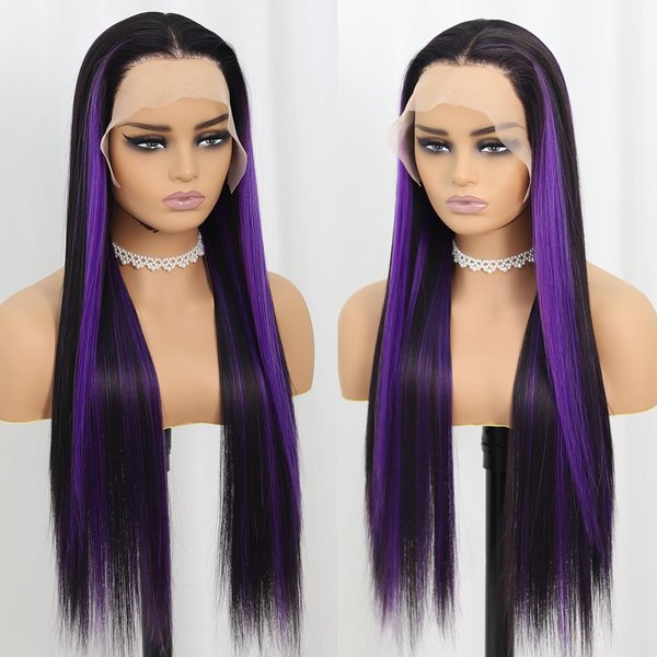 SISIFIRE Purple Highlight Lace Front Wigs for Women Silky Straight Preplucked Hairline Synthetic Heat Resistant Fiber Glueless Wigs for Daily Use 24 Inch