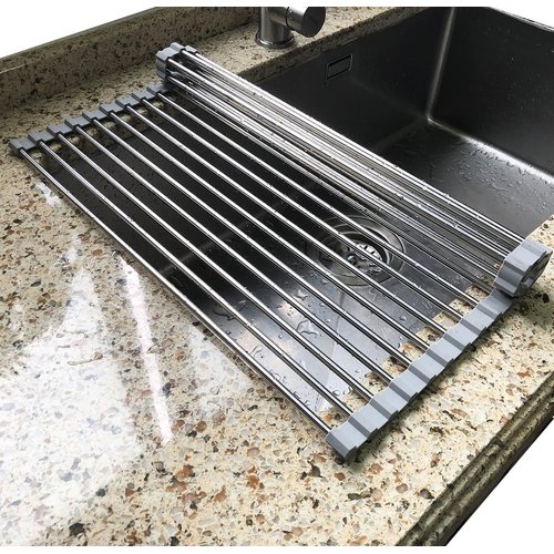Tomorotec Roll Up Dish Drying Rack, Over The Sink Portable Stainless Steel Rolling Rack Multipurpose Kitchen Drainer Caddy Organizer Storage Space Saver Shelf Holder, Gray