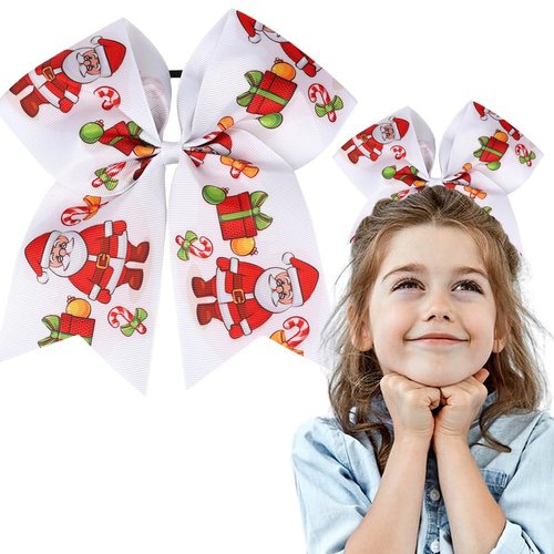 Cheer Hair Bow Ties with Elastic Printed Grosgrain Ribbon 7 Inch Red Christmas Old Man Gift Ponytail Holder Handmade Cheer Bow Hair Ties for Girls and Women Headdress Decor 1PCS