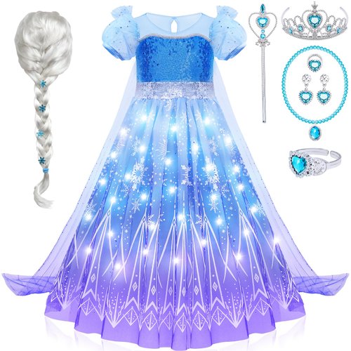 G.C Girls Light Up Elsa Costume Dress Princess Dress Up Clothes with Cape Toddler Kids Wig Crown Jewelry Halloween Cosplay Birthday Party Gifts