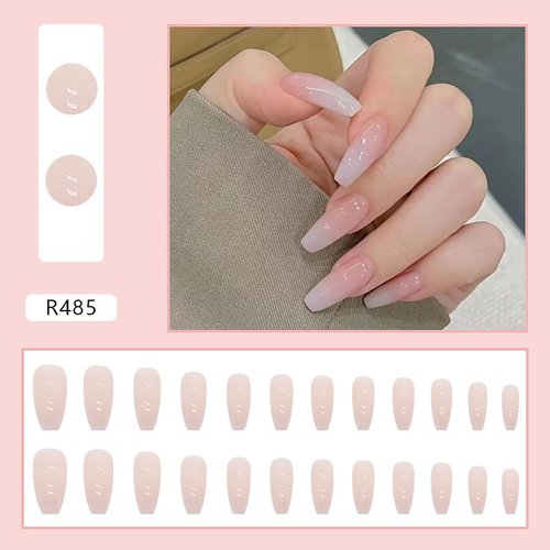 24Pcs Long Square Press on Nails Nude Pink Fake Nails French Glossy Nude Nail Design Nail Art Supplies Coffin False Nails Full Cover Artificial Glue on Nails for Women Girls Acrylic Nails Decorations