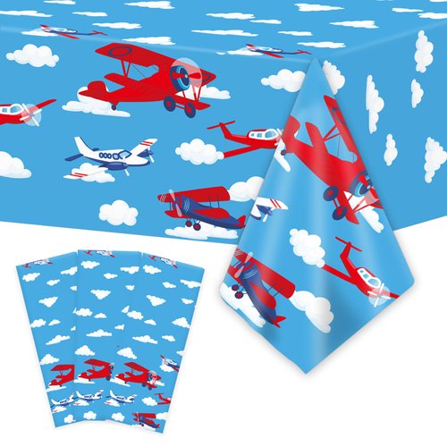 Wiooffen 3pcs Airplane Party Tablecloth Supplies Plane Plastic Table Cloth Helicopter Blue Sky Theme Table Cover Favors Disposable Tablecloths Birthday Decorations for Kids, 54” x 108”