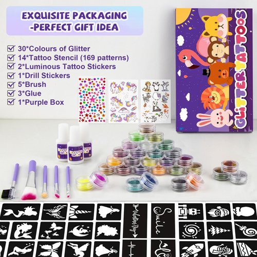 Temporary Glitter Tattoos Kit for Kids,30 Glitter Colors,169 Stencils,3 Glue,5 Brushes,2 tattoo stickers and 1 diamond sticker,Wonderful Holiday Gifts for Girls & Boys.