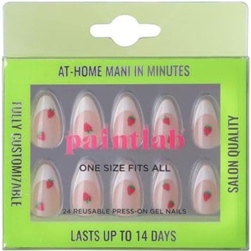PaintLab Press On Nail Kit - 24 Piece Fake Nails with Glue, Nail File, Prep Pad & Cuticle Stick | Non Toxic & Cruelty Free | Long Lasting & Complete Glue On Nails for Women & Girls (Sweet Strawberry)