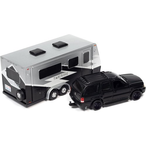 2005 Escalade Matt Black with Camper Trailer Limited Edition to 6012 Pieces Worldwide Truck and Trailer Series 1/64 Diecast Model Car by Johnny Lightning JLBT014-JLSP201B