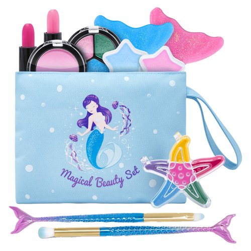 TOYLI Mermaid Makeup Kit for Kids, 13-Piece Kids Make Up Kit for Girls, All Skin Tones, Kid-Friendly, Eyeshadow, Lip Gloss, Pretend, Gift, make up kits for girls ages 6-12, kids play makeup set for gi