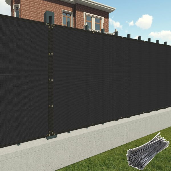 Patio 4 x 12 Fence Privacy Screen Black Commercial Grade Mesh Shade Fabric with Brass Gromment Outdoor Windscreen with Zipties