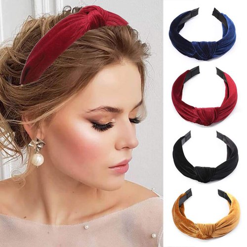 Woeoe Velvet Headbands Knot Black Turban Headband Elastic Cross Headwear Accessories for Women and Girls(Pack of 4)