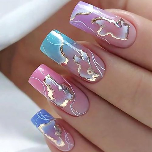 Colorful Press on Nails Medium Square Fake Nails Gold Foil and White Line Designs False Nails Full Cover Glue on Nails Acrylic Coffin Gradient Artificial Nails Stick on Nails for Women Girls 24Pcs