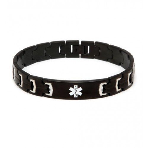 Medical ID Black Stainless Steel Link Bracelet -DIABETES
