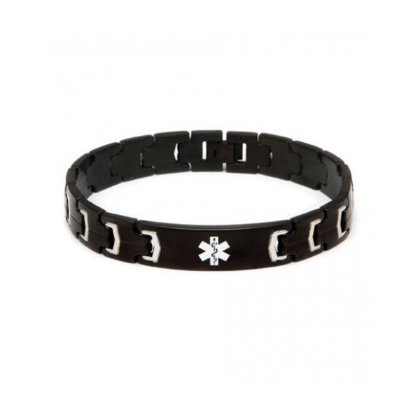 Medical ID Black Stainless Steel Link Bracelet -DIABETES