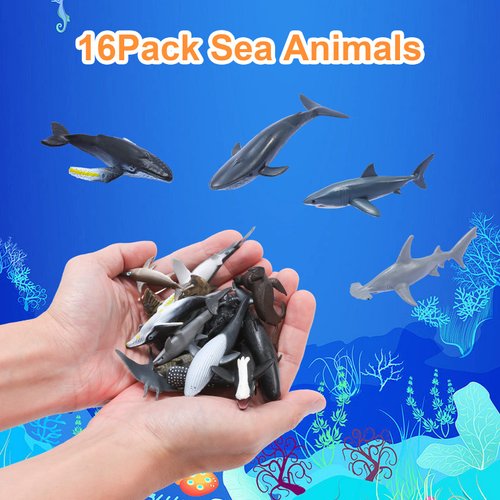 16 PCS Ocean Sea Animal Figures,Mini Sea Life Creatures Toys,Realistic Deep Sea Animal Figures,Plastic Ocean Animals Figures Set,Birthday Cake Topper Party Supplies for Kids Toddlers (Marine life)