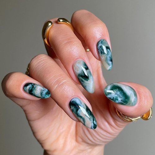 Green Marble Press on Nails Long Almond Fake Nails Mirror Acrylic Nails with Glue on Nails Full Cover Reusable Stick on Nails for Women DIY Charm Manicure