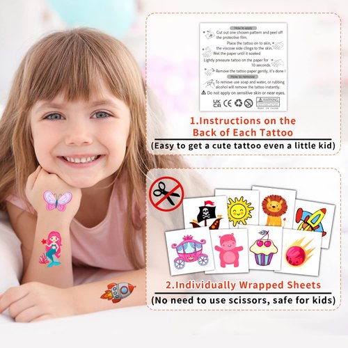 Partywind Individually Wrapped Sheets Kids Temporary Tattoos, Birthday Party Favors Supplies for Boys and Girls, Dinosaur/Mermaid/Pirate Tattoo Stickers for Goodie Bags Stuffers (50 Styles)