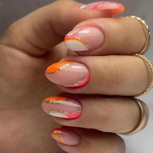 Orange Press on Nails Almond Short Shape Fake Nails Oval False Nails with Designs Gold Glitter Line Swirl Glossy Glue on Nails Nude Artificial Nails Full Cover Acrylic Stick on Nails for Women 24Pcs