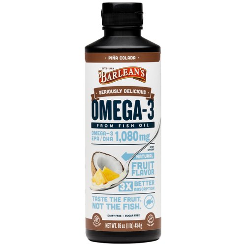 Barlean&#39;s Pina Colada Omega 3 Fish Oil Liquid Supplement 1080mg of High Potency EPA &amp; DHA Omegas,...