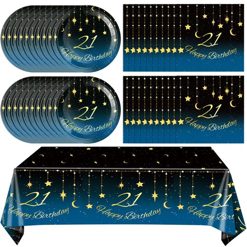 21th Birthday Party Decorations, 41Pcs Starry Sky Party Tableware Set Includes 20 Plate 20 Napkins and 1 Tablecloth, 21 Years Old Birthday Theme Party Supplies for Boys Girls Birthday Party Favors