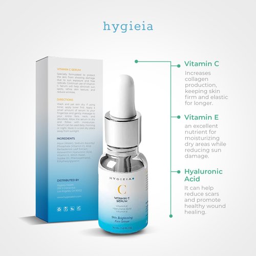 Hygieia Vitamin C Serum – Paraben Free Vitamin C & E Serum with Hyaluronic Acid – Skin Revitalizing & Age Spot Corrector Serum - Hydrating Face Serum for Glowing Skin, 30 ml