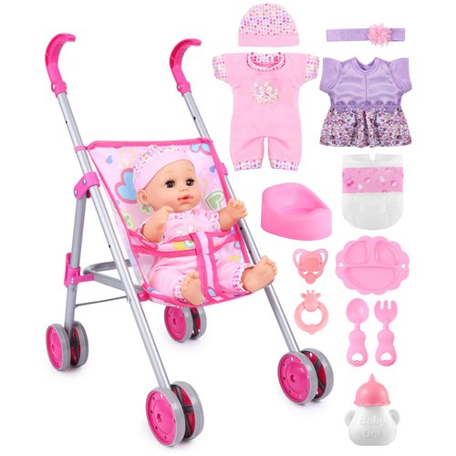 GAGAKU Baby Doll Stroller Set, Baby Doll Stroller with Doll, Toy Baby Doll Strollers for Toddlers Girls Kids, Including 12" Baby Doll Accessories, Clothes Bottle Diaper
