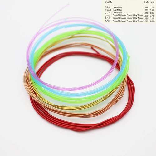 Colorful nylon classical guitar strings, nylon strings core, colorful coated copper alloy wound, normal tension. 028-.043