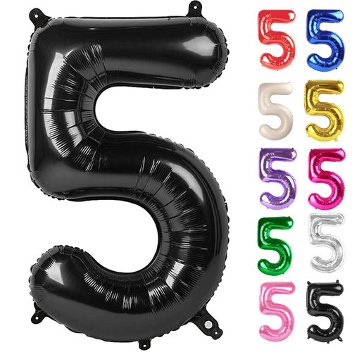 Black Number 5 Balloon 40 Inch, 5 Balloon Number, 5th Birthday Decorations, Black Party Supplies for Boys Girls